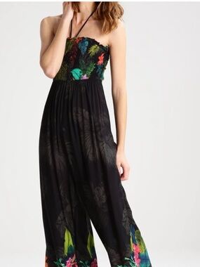 EUC Desigual floral tropical jumpsuit boho smock wide leg halter black small